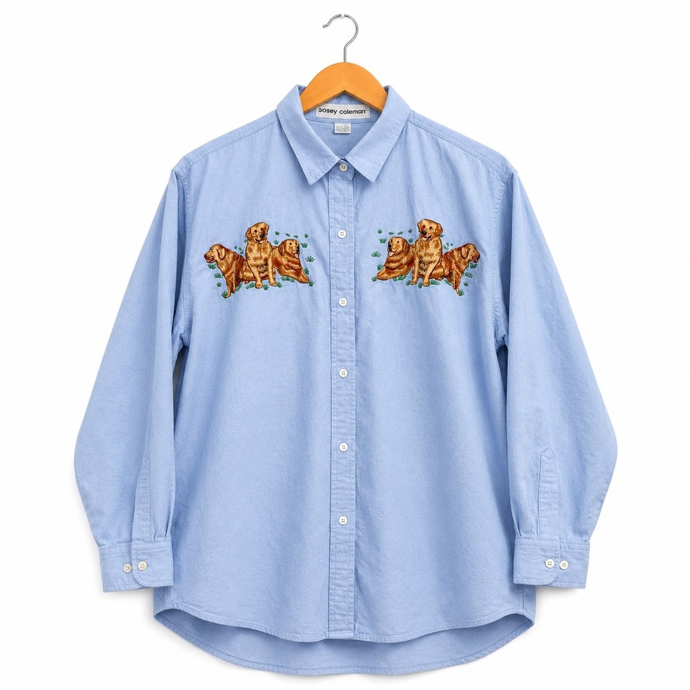 Casey Coleman Womens Golden Retriever Embroidered Cotton Button Down Shirt Blue
